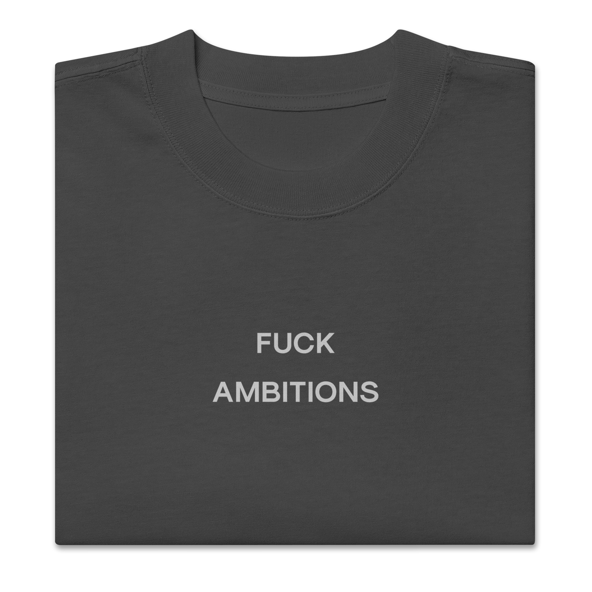Folded view of NECROBLEND’s oversized unisex T-shirt — unspoken symptom in graphite. An anti-ambition imprint archived in speculative apparel format.