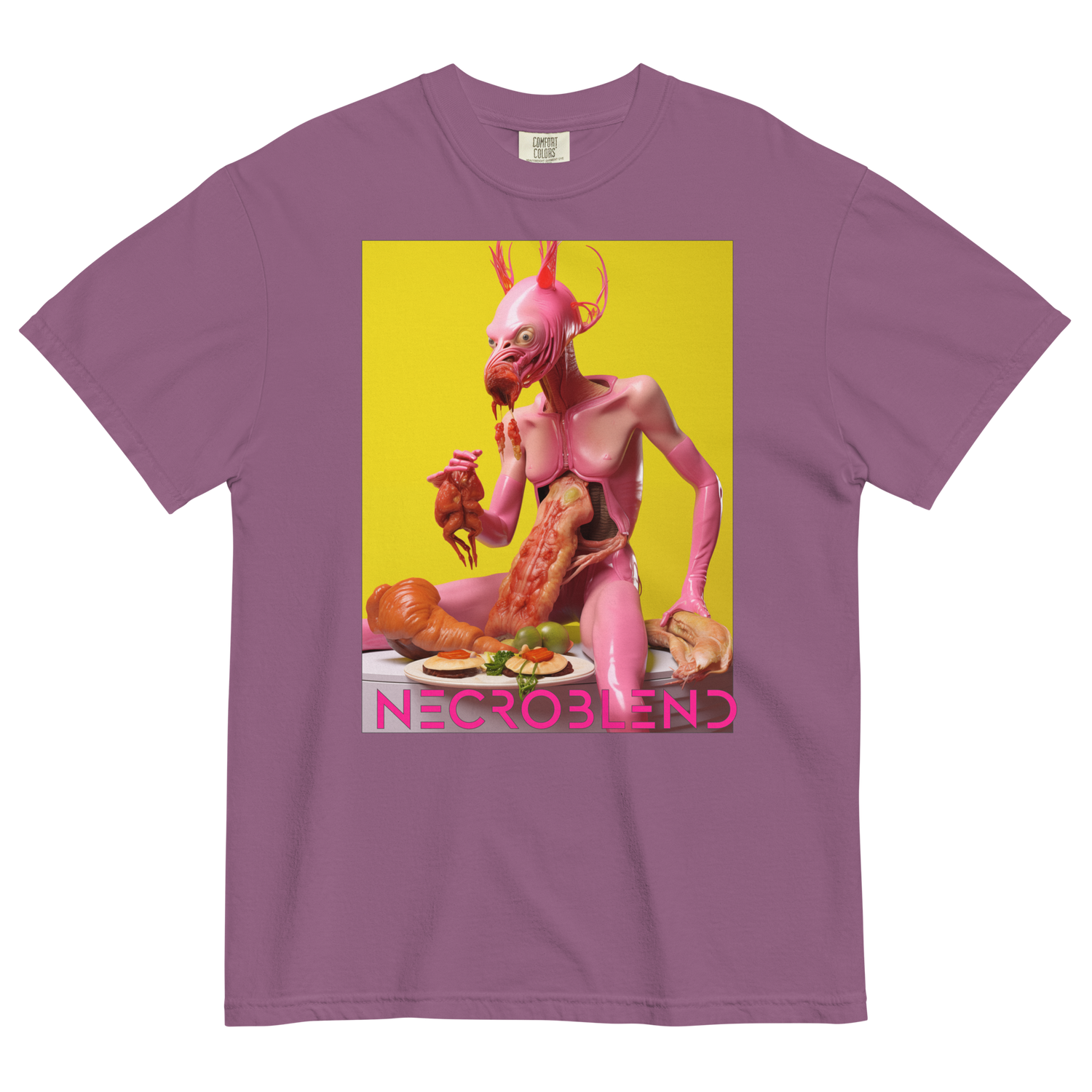 Heavyweight unisex ritual gluttony tee by NECROBLEND — LOVULVORE BELPHAGH from The Culinary Sacrament, front view in purple.