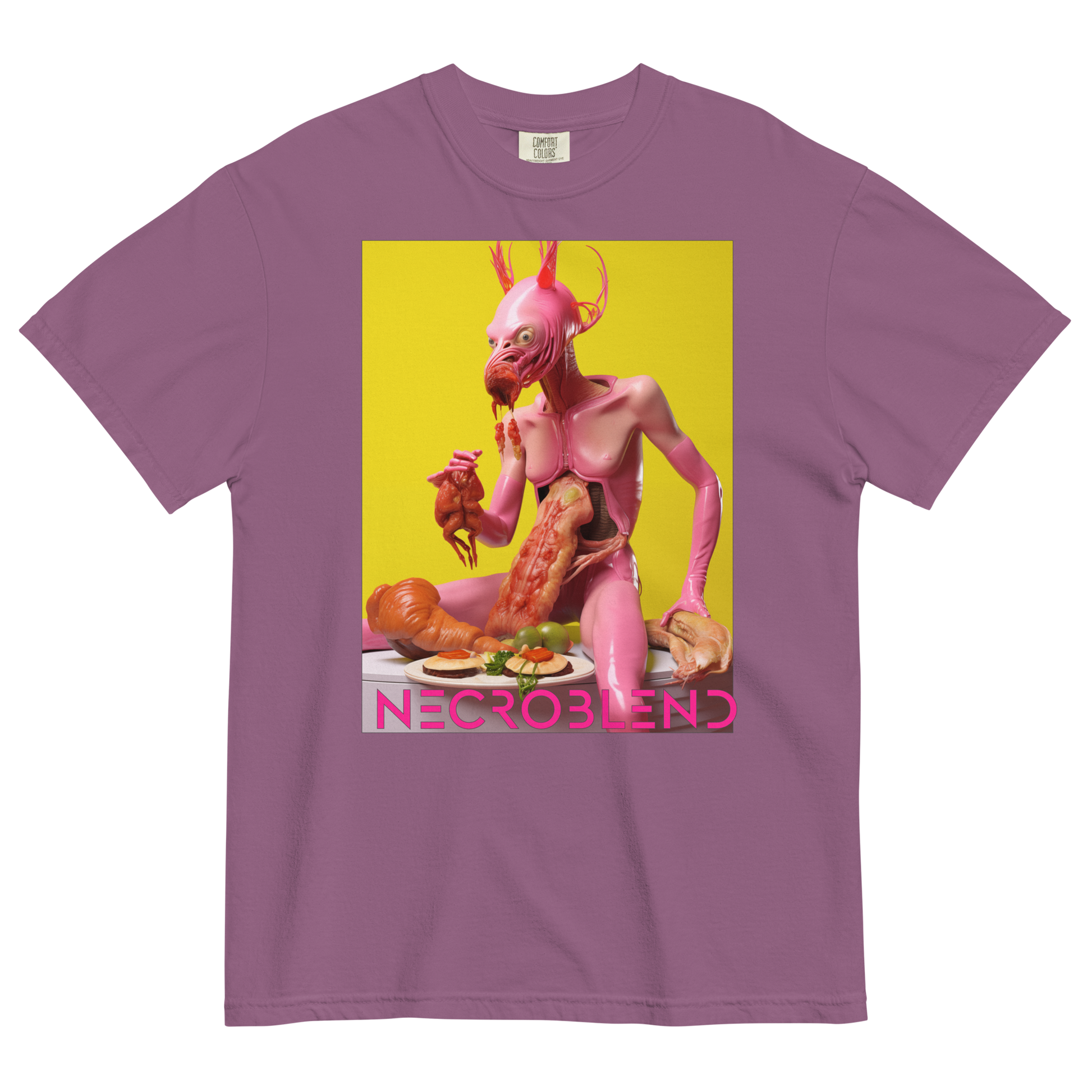 Heavyweight unisex ritual gluttony tee by NECROBLEND — LOVULVORE BELPHAGH from The Culinary Sacrament, front view in purple.