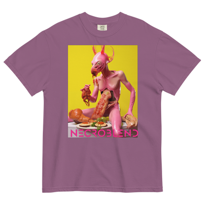 Heavyweight unisex ritual gluttony tee by NECROBLEND — LOVULVORE BELPHAGH from The Culinary Sacrament, front view in purple.