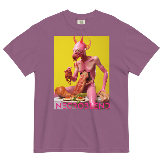 Heavyweight unisex ritual gluttony tee by NECROBLEND — LOVULVORE BELPHAGH from The Culinary Sacrament, front view in purple.