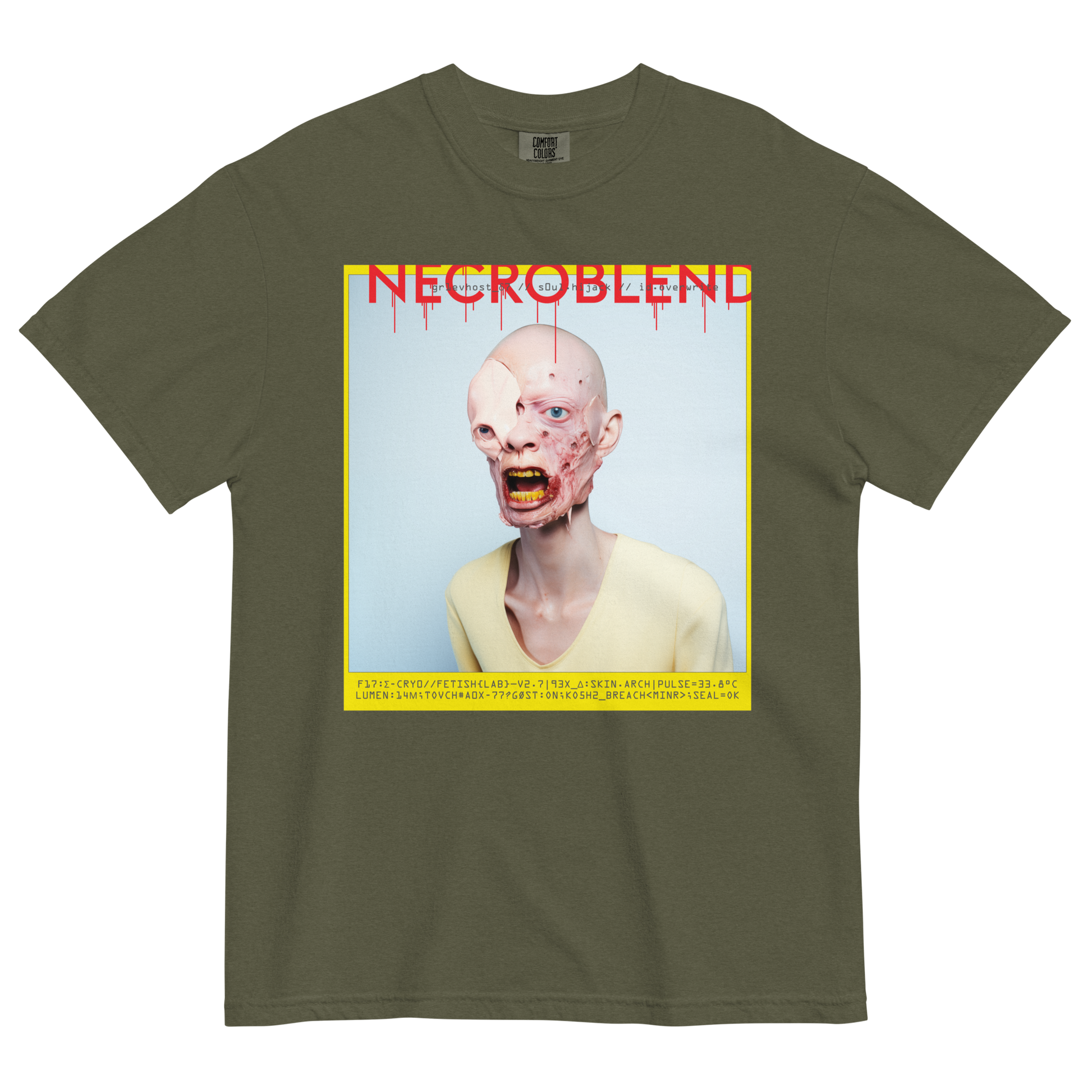 Heavyweight unisex rot glitch tee by NECROBLEND — GR1EVHOST from Synthetic Prophets, front view in olive.