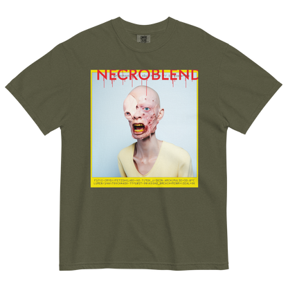 Heavyweight unisex rot glitch tee by NECROBLEND — GR1EVHOST from Synthetic Prophets, front view in olive.