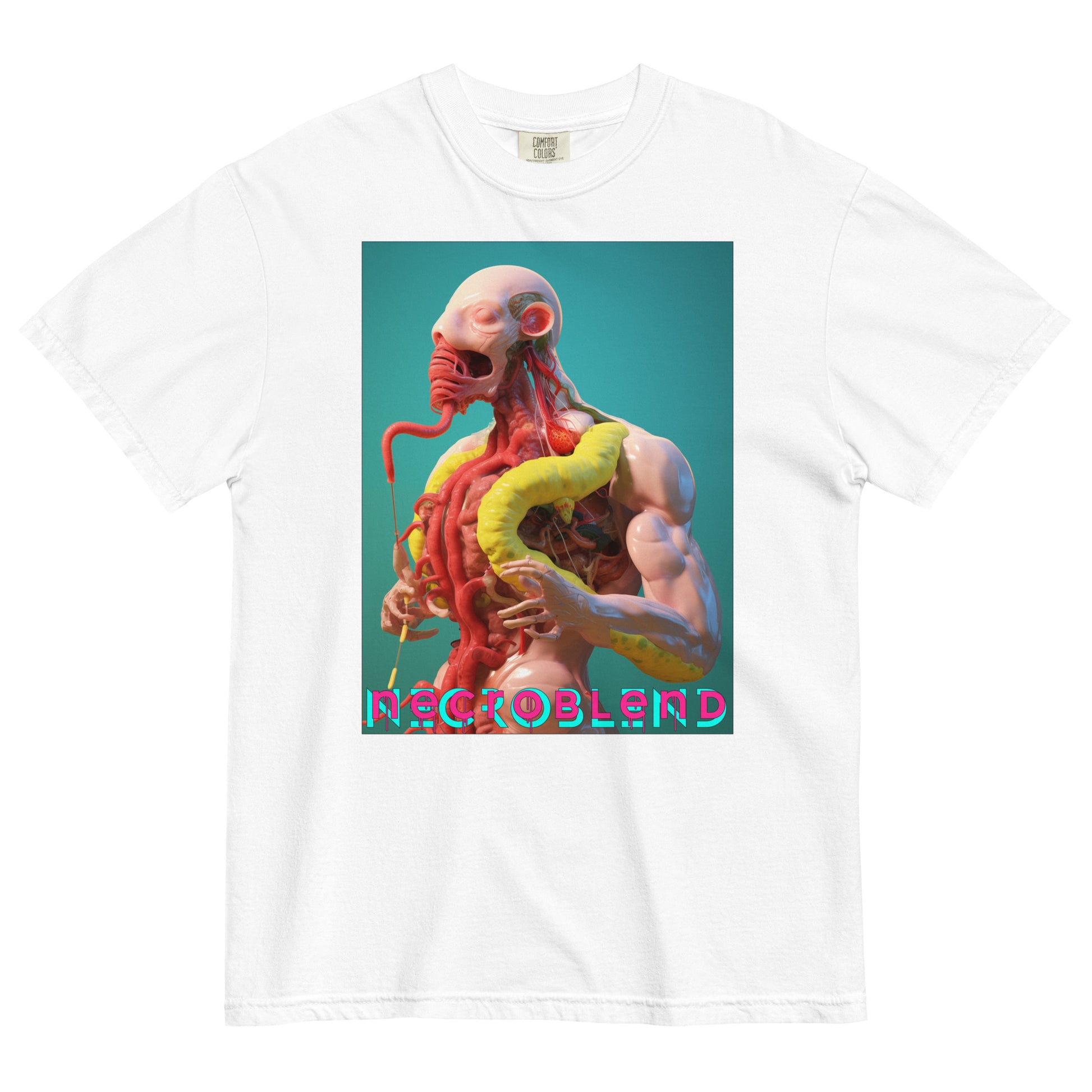 Heavyweight unisex sacramental consumption shirt by NECROBLEND — VIRETH CARNOMORPHAGH from The Culinary Sacrament, front view in white.