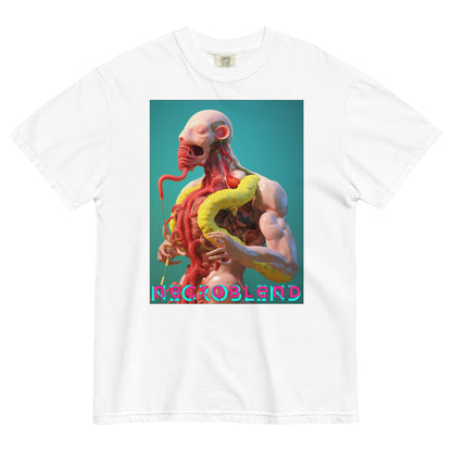 Heavyweight unisex sacramental consumption shirt by NECROBLEND — VIRETH CARNOMORPHAGH from The Culinary Sacrament, front view in white.