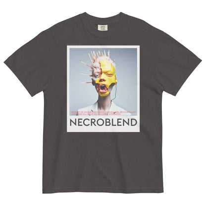 Heavyweight unisex sacred corruption tee by NECROBLEND — NB-MYCØ-54.UPD from Bio Prayers, front view in graphite.