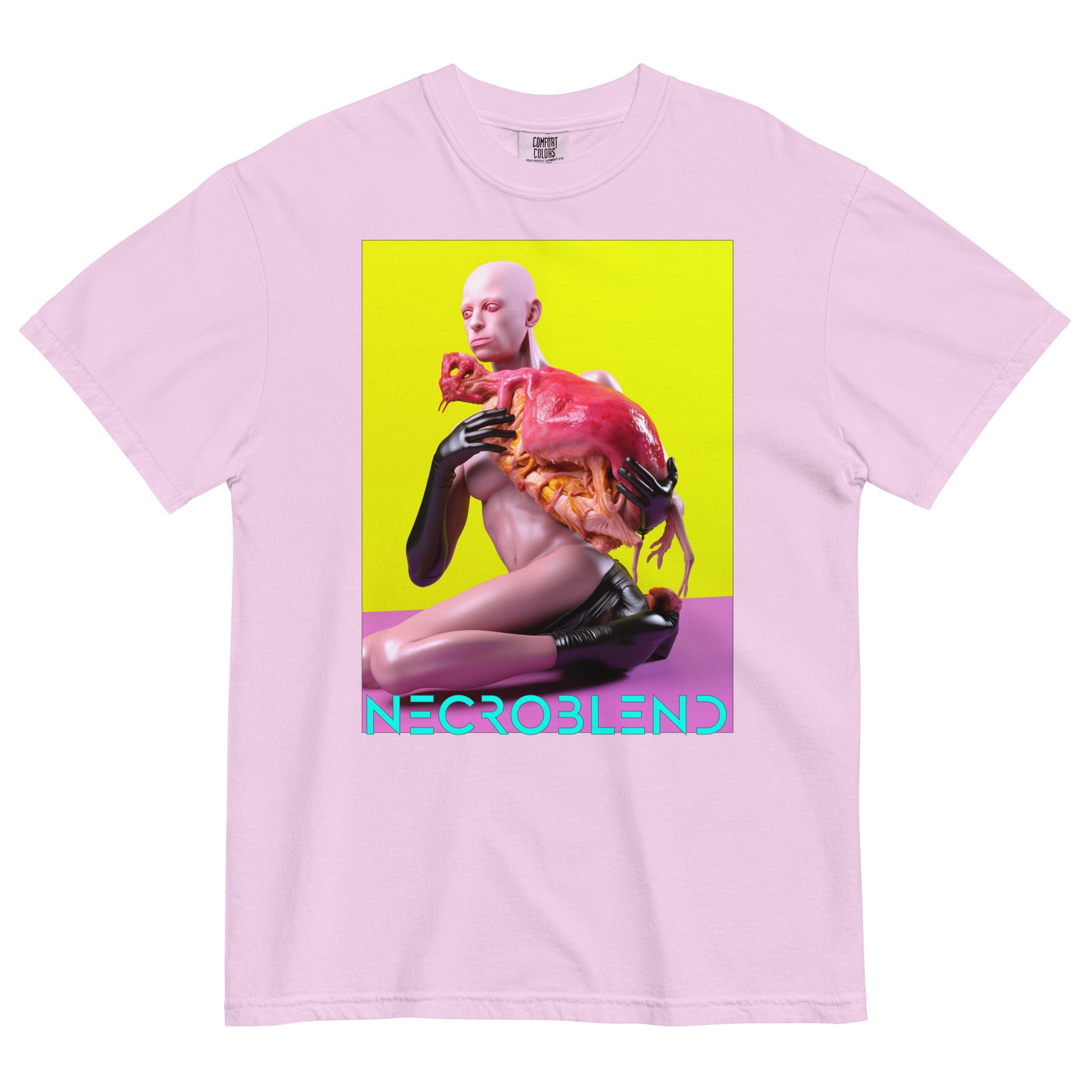 Heavyweight unisex sacred digestion tee by NECROBLEND — OXELT CRURROPHAGH from The Culinary Sacrament, front view in pink.