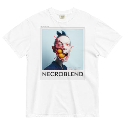 Heavyweight unisex sacred mutant shirt by NECROBLEND — NB-VISC-77.OVR from Bio Prayers, front view in white.