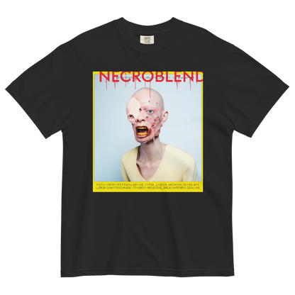 Heavyweight unisex sorrow horror tee by NECROBLEND — GR1EVHOST from Synthetic Prophets, front view in black.