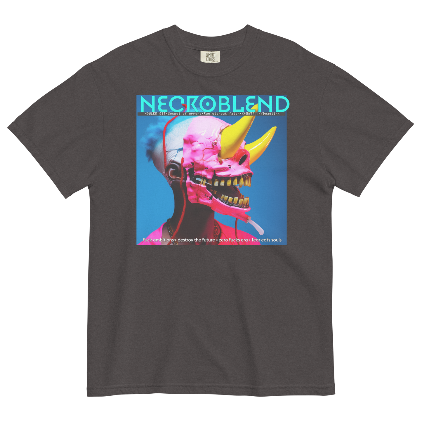 Heavyweight unisex sound virus tee by NECROBLEND — hoWL3r_b1t from Fallen Angels, front view in coal.