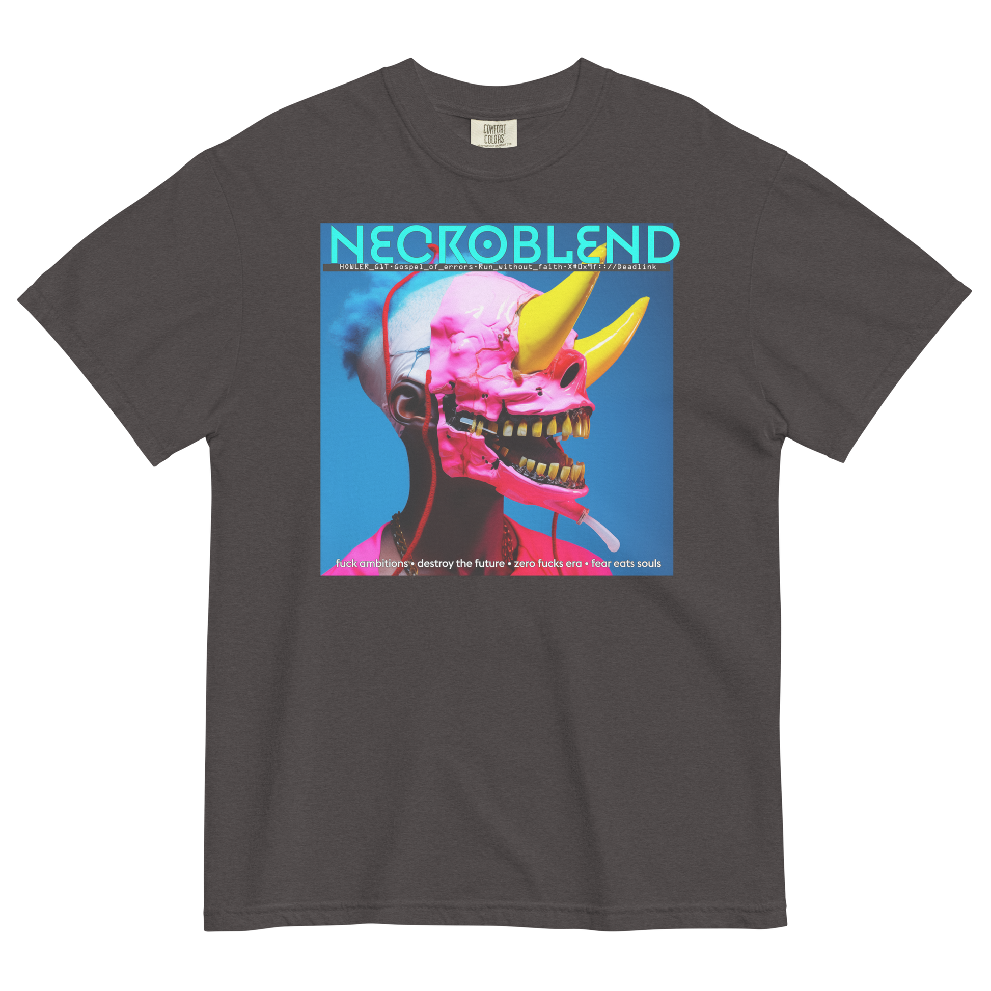 Heavyweight unisex sound virus tee by NECROBLEND — hoWL3r_b1t from Fallen Angels, front view in coal.
