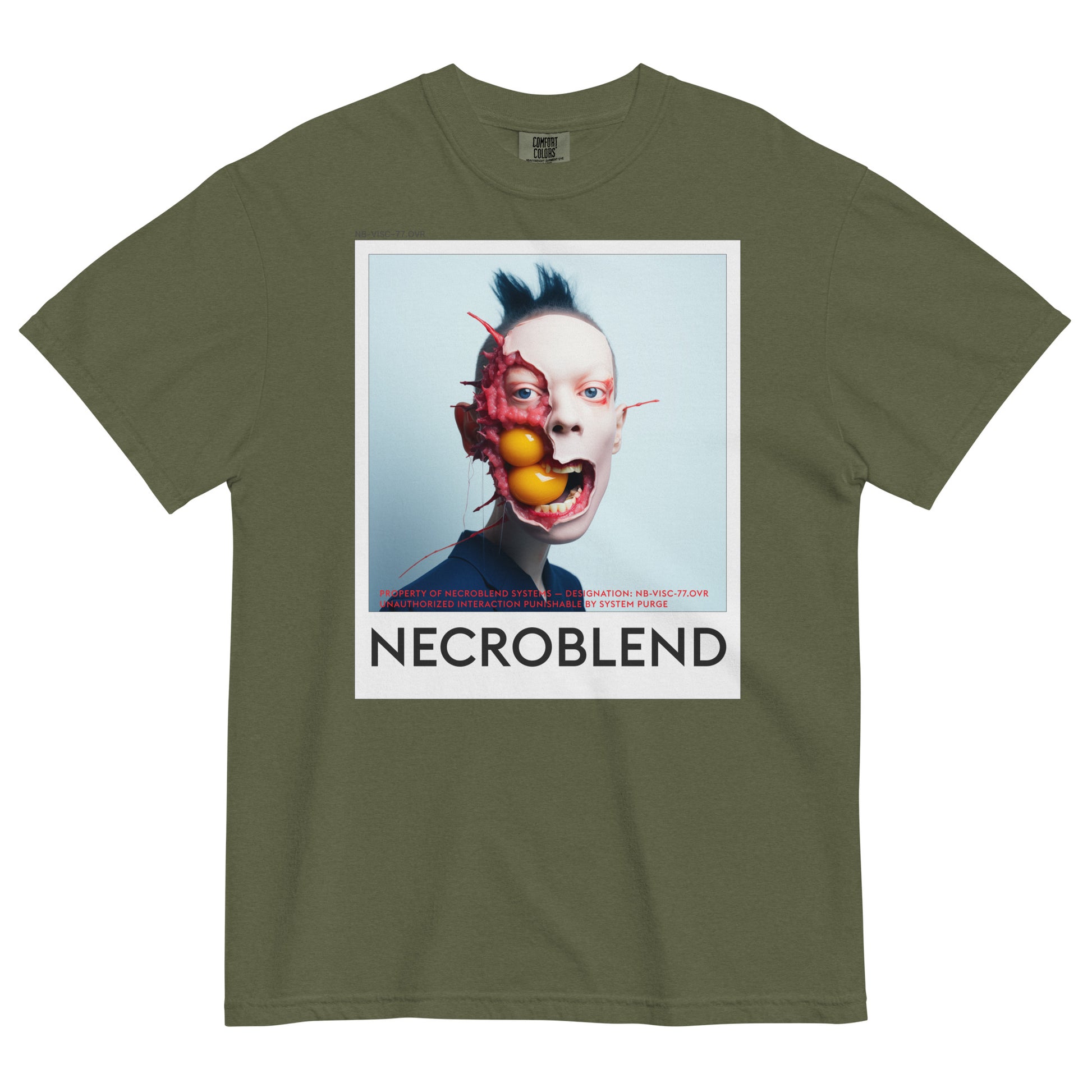 Heavyweight unisex symbiotic faith tee by NECROBLEND — NB-VISC-77.OVR from Bio Prayers, front view in olive.