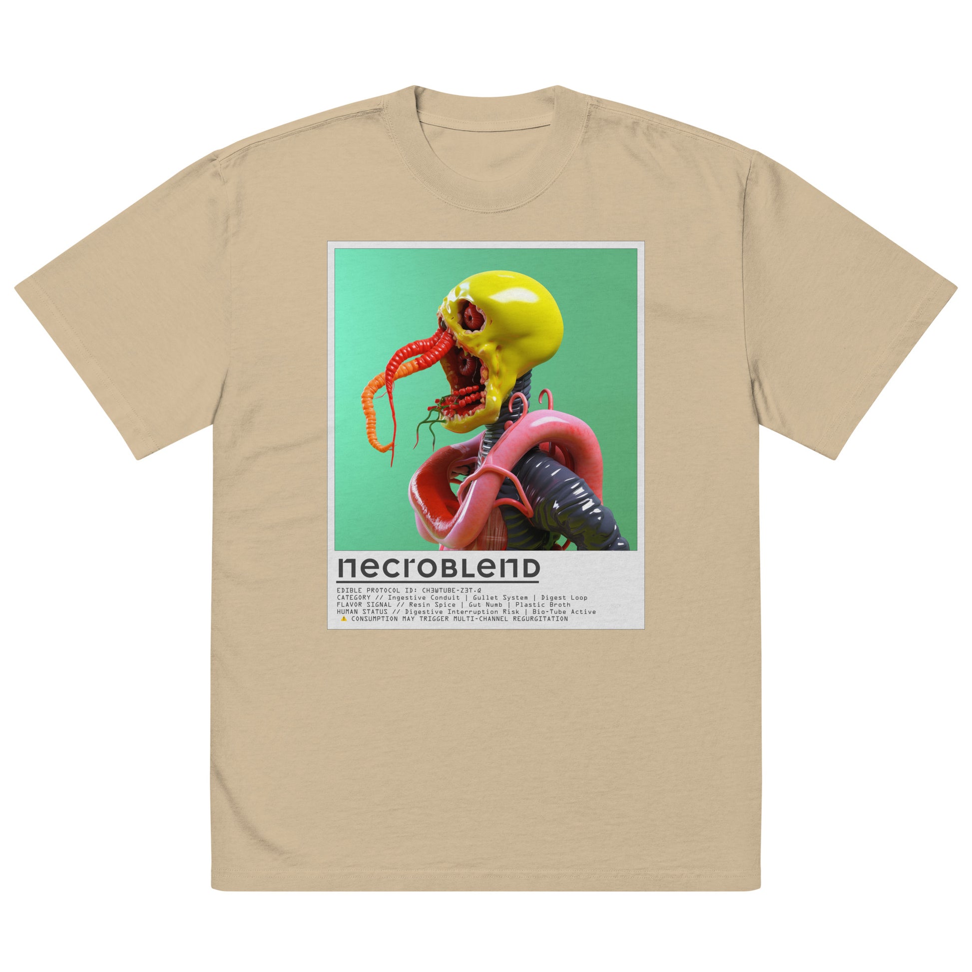 Synthetic mutant tee by NECROBLEND — CH3WTUBE from Kitchen Mutants, front view in sand