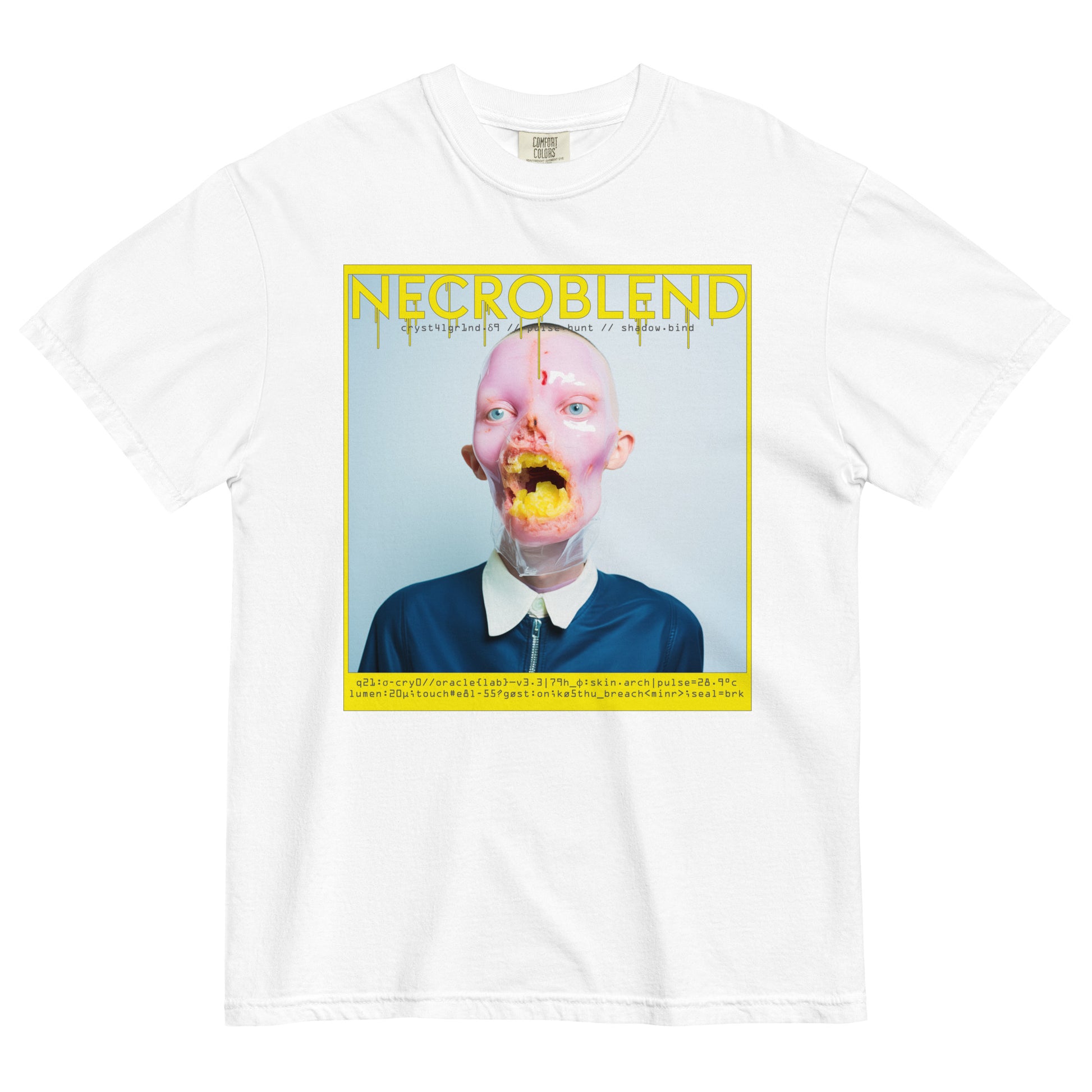 Unisex synthetic prophet shirt by NECROBLEND — CRYST4LGR1ND from Synthetic Prophets, front view in white.