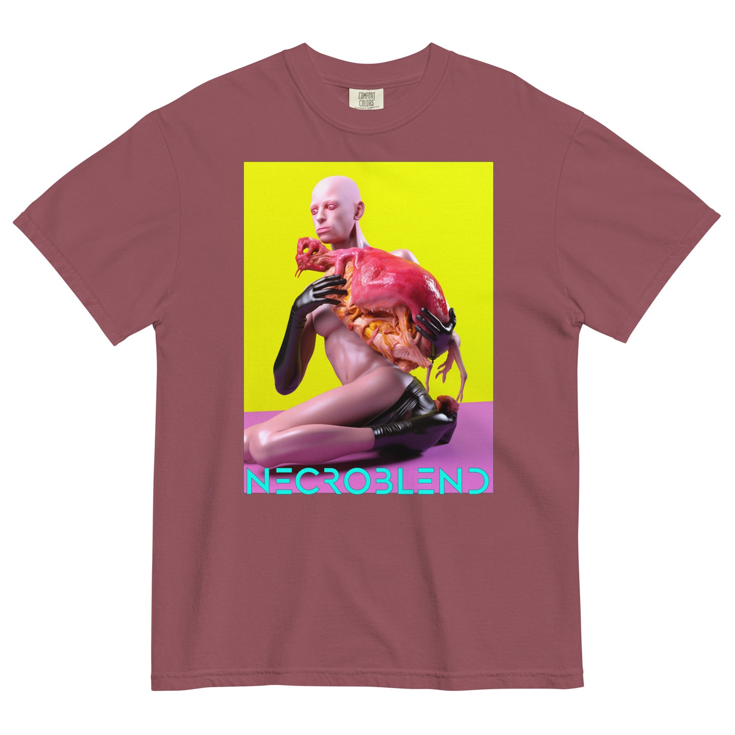 Heavyweight unisex tactile hunger tee by NECROBLEND — OXELT CRURROPHAGH from The Culinary Sacrament, front view in red.