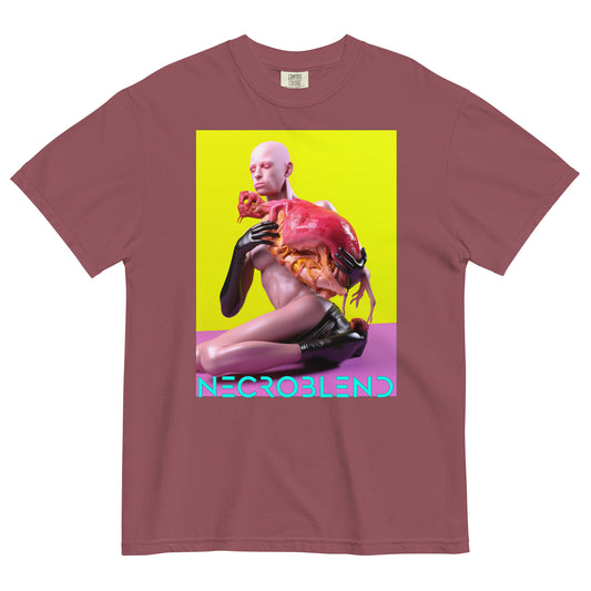 Heavyweight unisex tactile hunger tee by NECROBLEND — OXELT CRURROPHAGH from The Culinary Sacrament, front view in red.