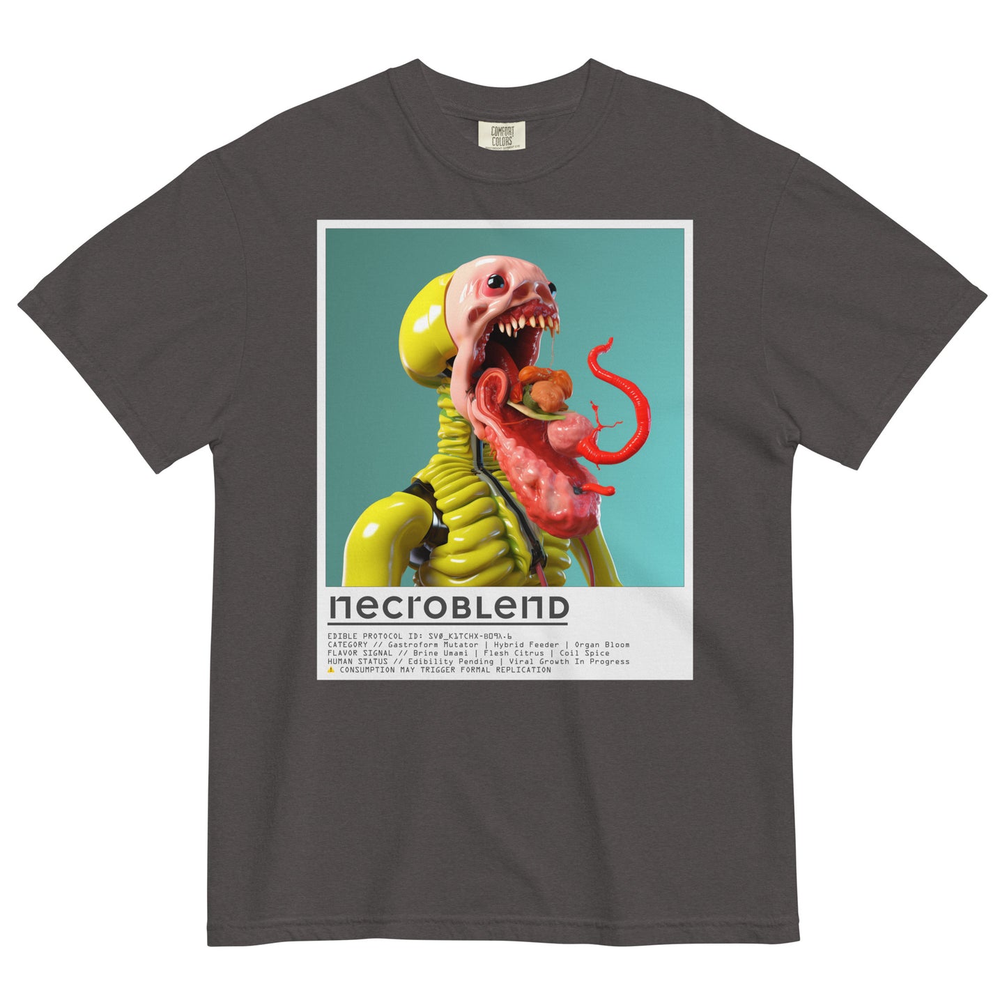 Visual horror T-shirt by NECROBLEND — SVØ_K1TCHX from Kitchen Mutants, front view in grey