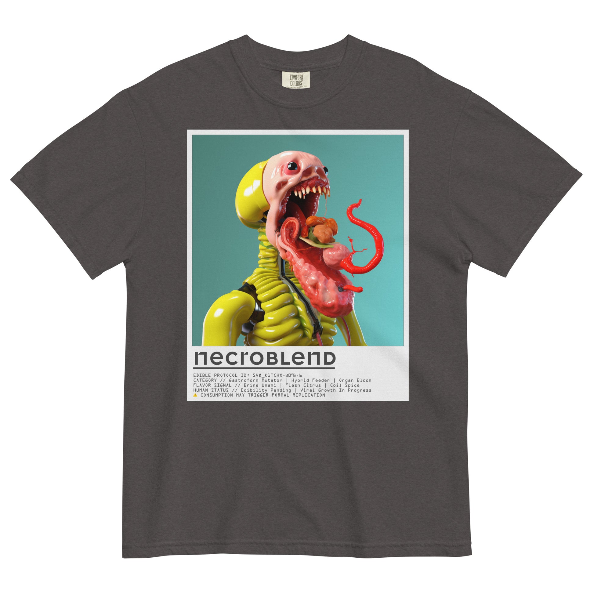Visual horror T-shirt by NECROBLEND — SVØ_K1TCHX from Kitchen Mutants, front view in grey