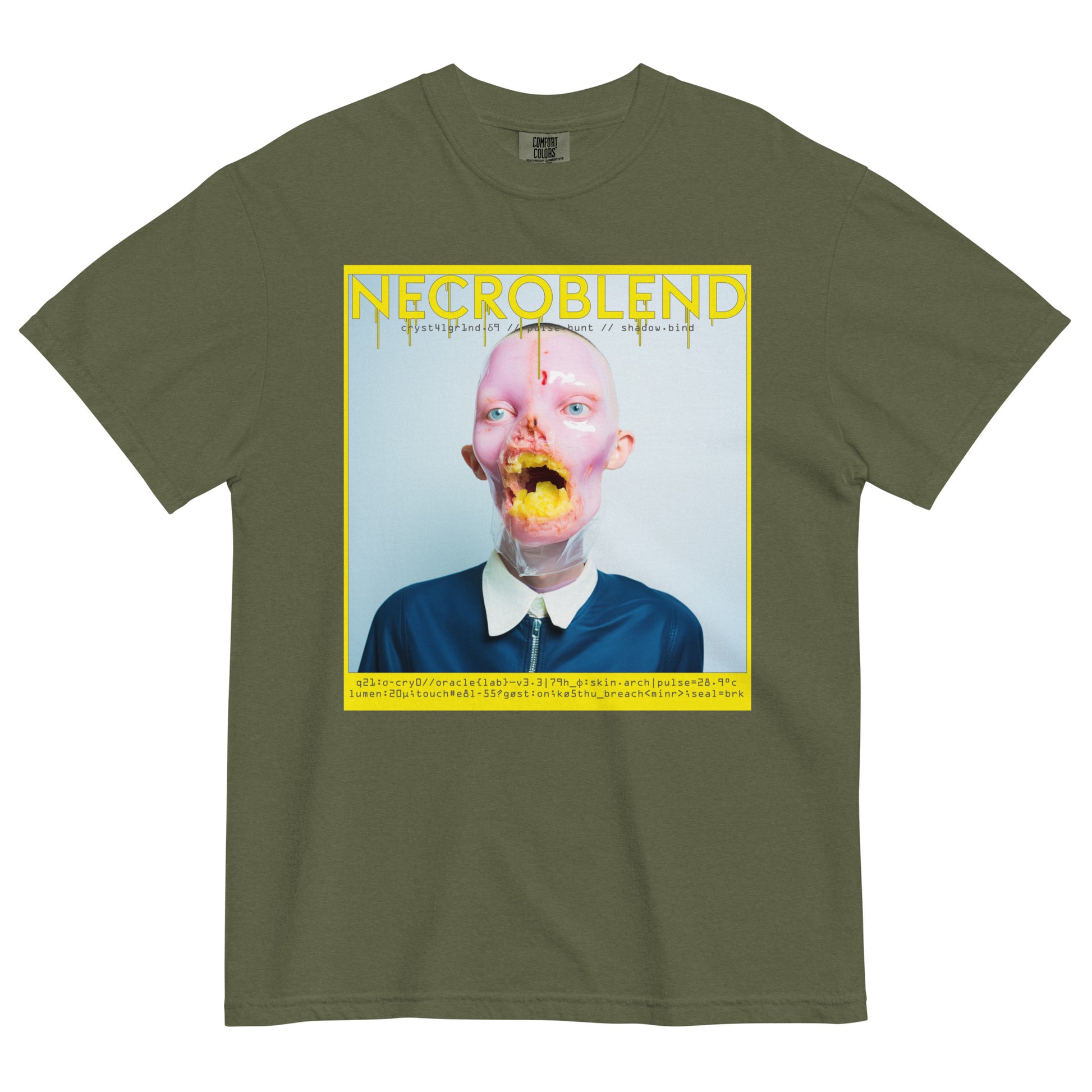Unisex visual relic tee by NECROBLEND — CRYST4LGR1ND from Synthetic Prophets, front view in olive.