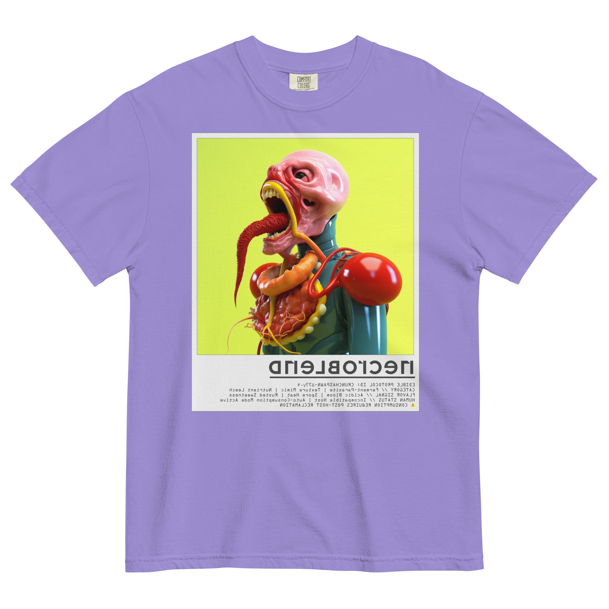 Weirdcore graphic T-shirt by NECROBLEND — CRUNCHASPAWN from Kitchen Mutants, flatlay in purple