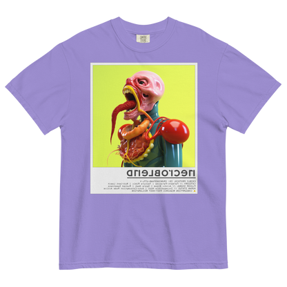 Weirdcore graphic T-shirt by NECROBLEND — CRUNCHASPAWN from Kitchen Mutants, flatlay in purple